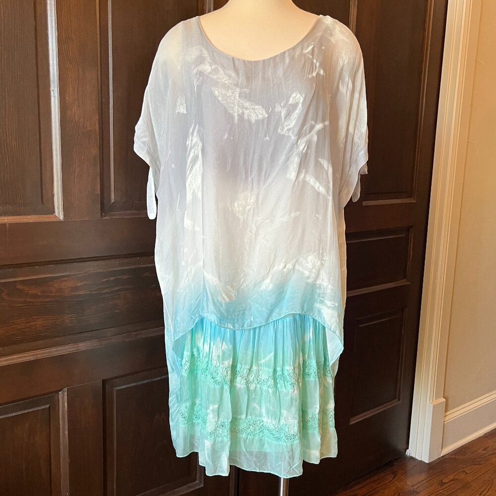 Belle France Silk Overlay Dress Size L Ombre Short Sleeve Vacation Flowy Italy